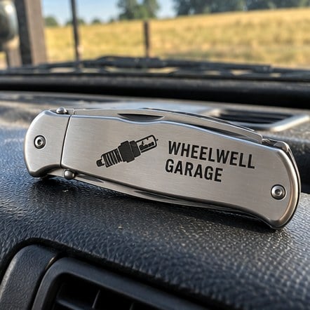 Branded pocket knife on a truck dashboard