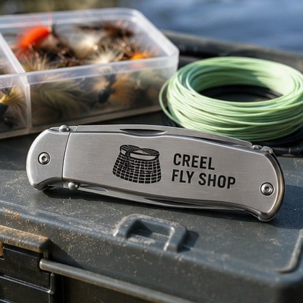Branded pocket knife on a tackle box lid