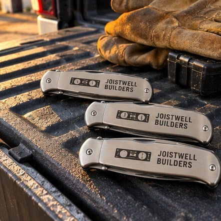 Custom knives on a truck tailgate beside a tape measure