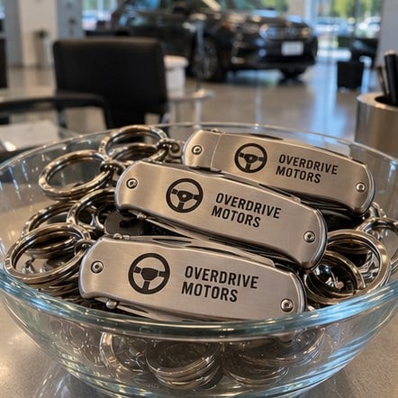 Custom keychain knives in a bowl on a dealership service desk