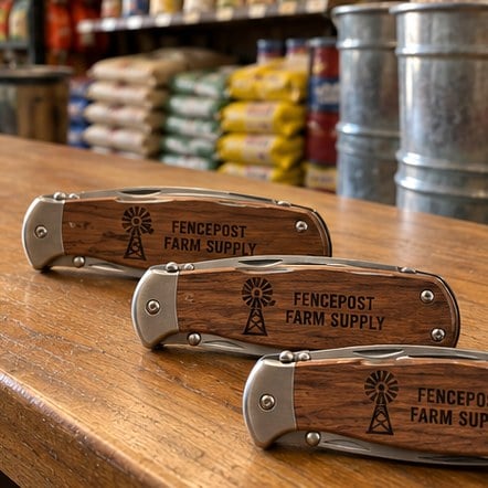 Custom lockback knives on a feed store counter