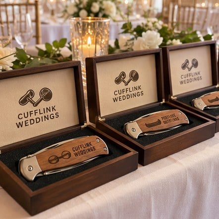 Custom engraved groomsmen knives in gift boxes on a reception table