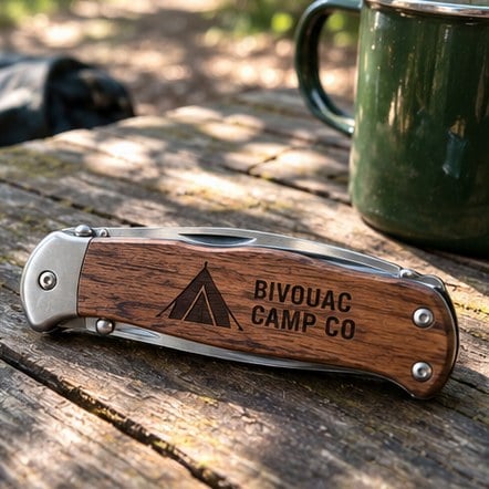 Custom pocket knife on a camp picnic table
