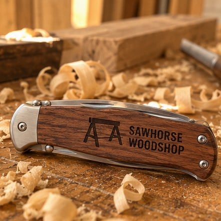 Custom pocket knife on a woodshop bench