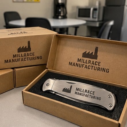 Custom boxed service award knives on a breakroom table