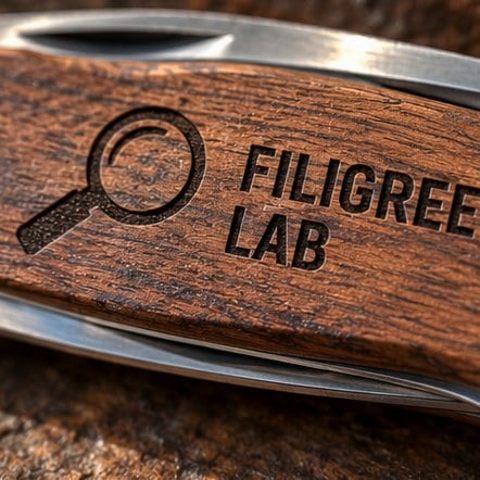 Laser-engraved logo detail on a wooden knife handle